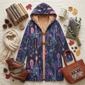 Pode incluir: Um casaco comprido com capuz, com um padrão fantasioso em tons de azul, roxo e rosa, e um forro interior bege. O casaco tem fechos de alavanca. A imagem inclui botas de couro castanho, uma mala tote entrançada e livros.