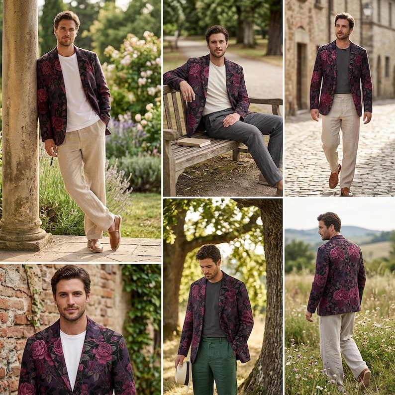 May include: A dark purple blazer with a floral rose pattern, paired with a white t-shirt and tan pants. The blazer features a classic design with a notched lapel and two-button closure. The outfit is completed with brown leather shoes.