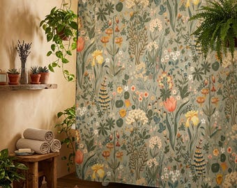 Vintage Wildflower Shower Curtain Earthy Botanical Bath Decor, Cottagecore Meadow