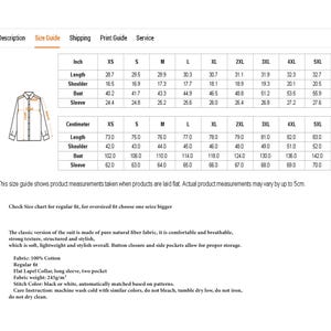 May include: Size guide with measurements in inches and centimeters for a shirt. Includes length, shoulder, bust, and sleeve measurements for sizes XS to 5XL. The shirt is described as classic, comfortable, and breathable, made of 100% cotton.