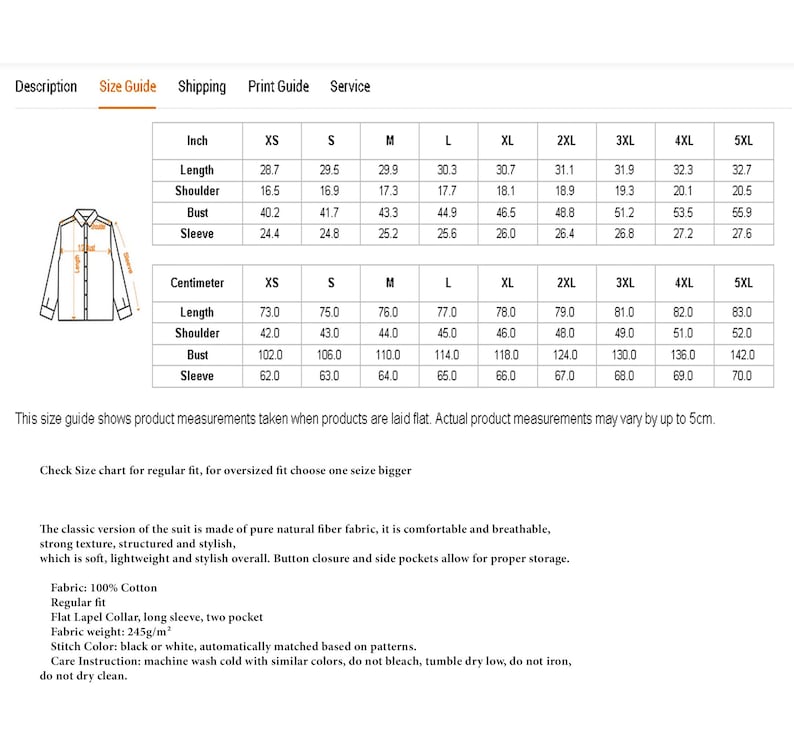 May include: Size guide with measurements in inches and centimeters for a shirt. Includes length, shoulder, bust, and sleeve measurements for sizes XS to 5XL. The shirt is described as classic, comfortable, and breathable, made of 100% cotton.