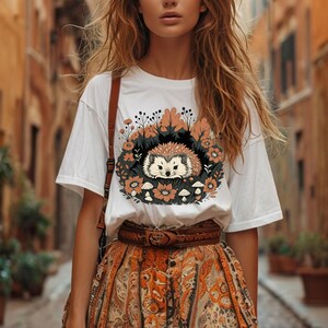 Cute Hedgehog Forest Unisex T-Shirt, Wild Animal Floral Gift Tee, Hedgehog Lover Graphic Tee,Whimsical Hedgehog Shirt, Hedgehog Flowers Wear