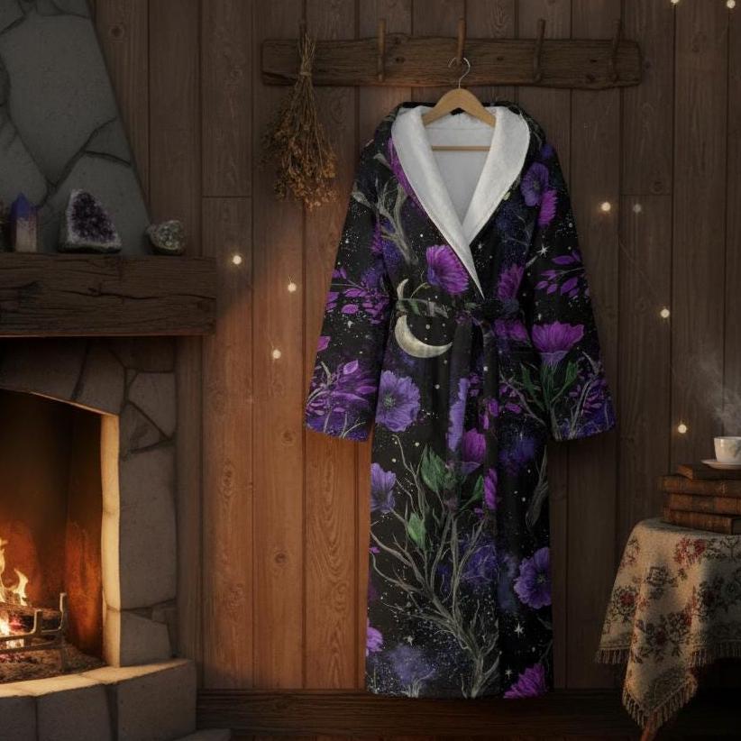 Dark Floral Flannel Robe | Celestial Galaxy Cottagecore Bathrobe - Etsy