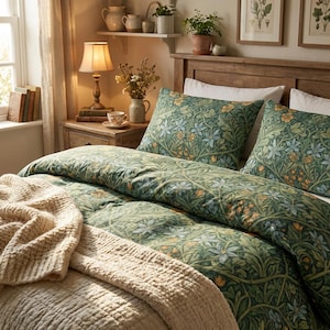 May include: A bed with a green floral patterned duvet cover and pillowcases. A beige knitted throw blanket is draped over the bed. A wooden nightstand with a lamp, books, and a teacup is visible.