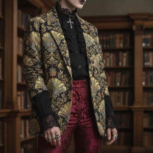 May include: A black, gold, and teal patterned blazer, worn with a black shirt and burgundy trousers. The blazer has an elaborate floral design. The outfit is accessorised with rings and a cross pendant, creating a gothic style.