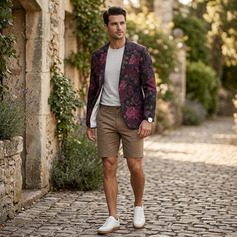 May include: A floral print blazer with a dark background and burgundy roses, paired with a gray t-shirt, khaki shorts, and white sneakers. The outfit is completed with a silver watch. The ensemble is suitable for a casual or semi-formal occasion.