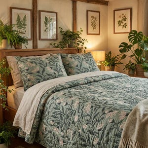 Może przedstawiać: Scena sypialni z łóżkiem z zieloną kołdrą w kwiaty i pasującymi poszewkami na poduszki. Pokój jest ozdobiony oprawionymi botanicznymi nadrukami i roślinami doniczkowymi, tworząc przytulną i naturalną atmosferę.