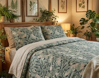 Sage Green Botanical Lightweight Quilt Set, Victorian Garden Bedding with Shams