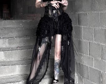Gothic Cage Corset Dress – Dark Victorian Boned Bustier with Sheer Train, Gothic Lingerie, Birdcage Waist Cincher for Alt Fashion