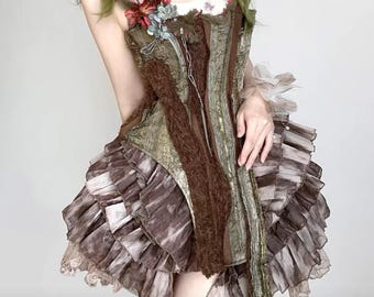 Woodland Elf Fairycore Forest Corset,  Bustier with Fuzzy Boning, Ruffled Hem & Floral Trim, Fantasy Fairy Costume Top