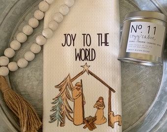 Manger scene towel, Joy to the World waffle towel, Christmas tea towel, Waffle towel