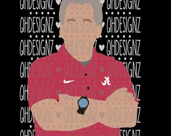 May include: A digital illustration of a person wearing a red polo shirt with a white Nike swoosh logo and a white Alabama 'A' logo. The person has their arms crossed and is wearing a watch.