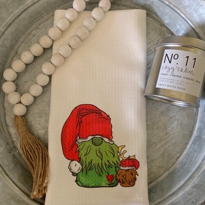 Gnome Grinch waffle towel, Christmas kitchen towel