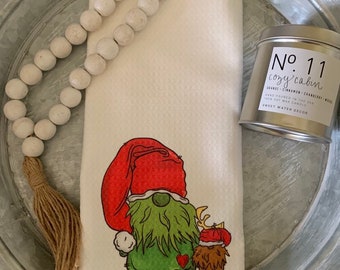 Gnome Grinch waffle towel, Christmas kitchen towel