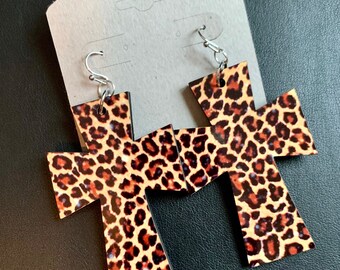 Leopard print cross Earrings, Leopard Earrings, Cross Earrings, Personalized Earrings