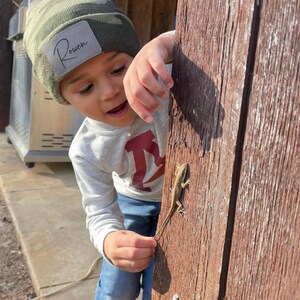 May include: A young boy wearing a green camouflage beanie with the name "Rowan" on it, looks at a small lizard on a wooden surface.