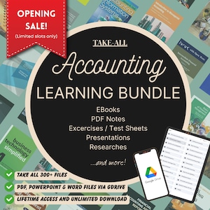 Può includere: Annuncio di un pacchetto di apprendimento della contabilità con il testo "SALDI DI APERTURA!" e "Accounting LEARNING BUNDLE." Include eBook, note PDF e altro. Uno smartphone e un tablet mostrano Google Drive.