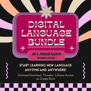 May include: A retro-style graphic promoting a digital language bundle. The central design features a magenta rectangle with the words "DIGITAL LANGUAGE BUNDLE" in white. Below, a banner reads "46 LANGUAGES + BONUS FILES!" The background is black with wavy lines.
