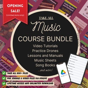 May include: An advertisement for a music course bundle, featuring a central design with the text "TAKE-ALL Music COURSE BUNDLE". The image includes a smartphone and tablet displaying course content. The image also includes the text "OPENING SALE!"