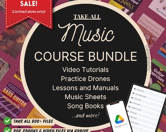 Może przedstawiać: Obraz promocyjny dla pakietu kursów muzycznych. Centralny projekt zawiera napis "TAKE-ALL Music COURSE BUNDLE" z listą dołączonych zasobów. Smartfon i tablet wyświetlają zawartość kursu. Obraz zawiera również tekst "OPENING SALE!"