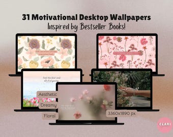 May include: Image of several laptops displaying floral and inspirational desktop wallpapers. The text on the top reads "31 Motivational Desktop Wallpapers Inspired by Bestseller Books!" Additional text includes "Aesthetic, Dreamy, Floral" and the resolution "3360x1890 px."