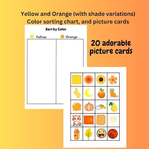 Puede incluir: Un gráfico de clasificación de colores imprimible con dos columnas etiquetadas como "Amarillo" y "Naranja". Hay 20 tarjetas de imágenes con imágenes de varios objetos amarillos y naranjas, incluyendo un girasol, una luna creciente, una calabaza, un gato, una caja de jugo y una pelota de baloncesto.