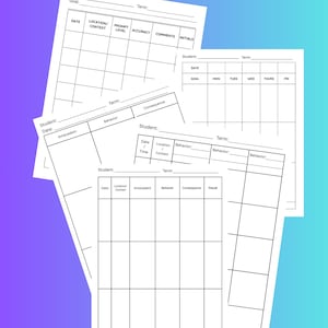 Op de afbeelding: Verschillende witte papieren formulieren met zwarte tekst zijn gelaagd op een verloopachtergrond. De formulieren zijn bedoeld om het gedrag van leerlingen te volgen, met velden voor datum, locatie, gedrag en gevolgen. Ze zijn voor educatief of therapeutisch gebruik.