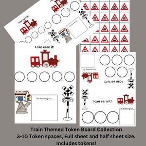 May include: A set of printable train-themed token boards for kids. The boards feature a red train engine, a railroad crossing sign, and a station. The boards have 3-10 token spaces and are available in full sheet and half sheet sizes. The set includes tokens.