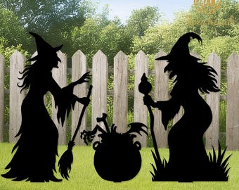 3-piece set Custom Witch Halloween Metal Stake Sign, Witch & Cauldron Silhouette Yard Art, Outdoor Halloween Campground/Lawn/Porch Decor