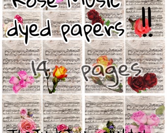 Rose Music Dyed Paper - 14 Pages, Digital Printable Kit, Ephemera, Junk Journal, Collage Kit, Vintage JW115