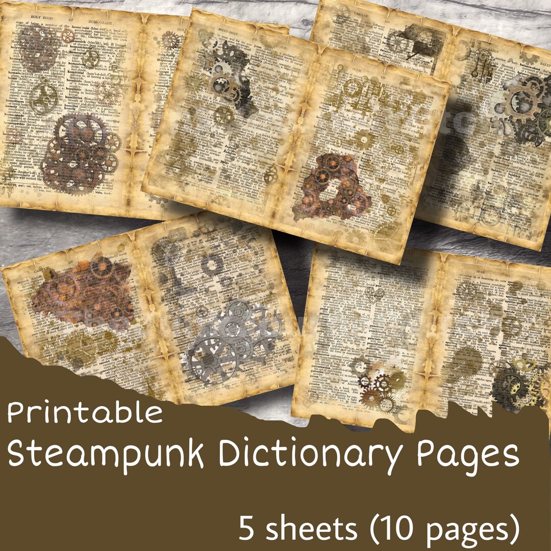 Steampunk Dictionary Double Pages Printable, Black and White and Color ...