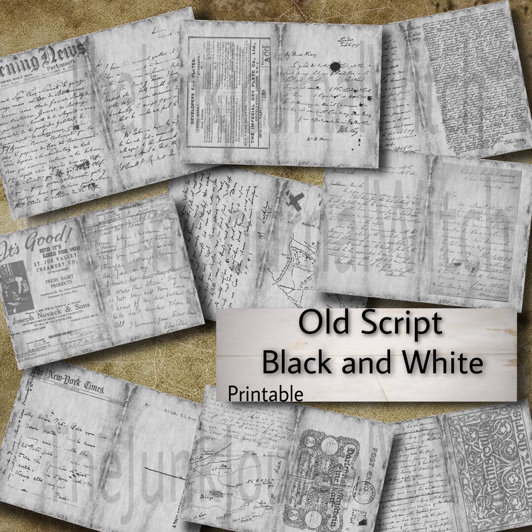 Old Script Pages Old Script Pages Black and White, Junk Journal , Ephemera, vintage ...