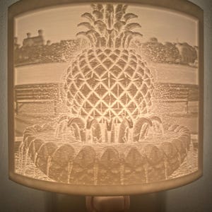 May include: A cream-colored night light featuring a detailed pineapple fountain design. The pineapple is the focal point, with a detailed fountain base. The background shows a blurred landscape. The night light plugs directly into a wall outlet.