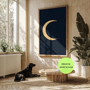 Minimal Crescent Moon Print – Gold Lunar Wall Art Deep Black Background, Celestial Abstract Poster, Modern Night Sky Art, Instant Download
