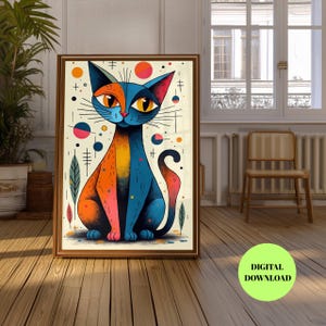 Arte de gatos inspirado en Picasso: Impresión geométrica colorida de gato pop art, decoración de pared abstracta moderna de animales, póster digital, descarga instantánea