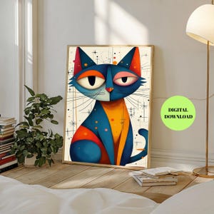 Picasso Style Cat Print – Abstract Colorful Cat Wall Art, Modern Cubist Digital Illustration, Mid Century Pet Decor, Instant Download