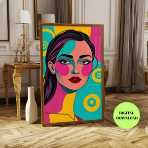 Vibrant Pop Art Female Portrait – Colorful Bold Woman Wall Art, Modern Printable Illustration, Instant Download