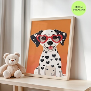 Stampa di un simpatico cane dalmata – Stampa da parete con cucciolo di occhiali da sole a forma di cuore, decorazione giocosa per la cameretta dei bambini, poster moderno con animali dei cartoni animati, download immediato
