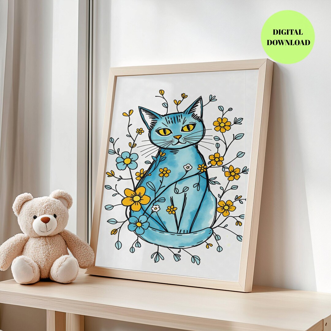 Whimsical Floral Cat Print – Blue Cat Illustration for Nursery or Kids ...