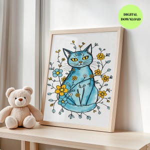 Whimsical Floral Cat Print – Blue Cat Illustration for Nursery or Kids Room, Cute Animal Wall Art in Boho Style, Instant Download