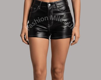 May include: Black leather shorts with white stitching detail. The shorts have a classic five-pocket design and a high waist. The shorts are paired with black ankle boots.