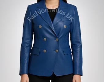 Handmade Blue Leather Blazer: Women's Tailored Fit Cowhide Coat