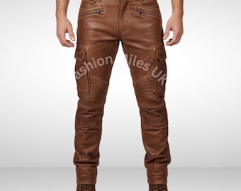 Pantalones cargo de cuero marrón personalizados - Cuero genuino, corte a medida
