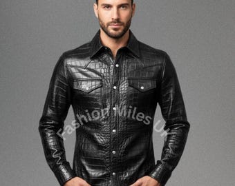 Men’s Crocodile Embossed Sheep Leather Shirt – Button Up Handmade full sleeve shirt-Soft Leather–Vintage Look–Gift for Him-stylish & Durable