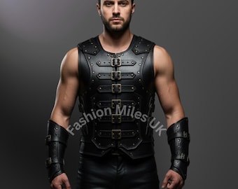 Hand Made Black Leather Medieval Harness Armor Vest For Men | Customizable Leather Armor Costume For Men |Perfect for Cosplay & Events Style