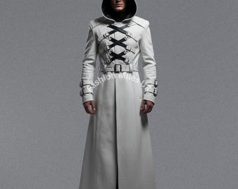 Men’s Genuine White Cow Leather Long Coat – Handmade Real Leather Trench Coat, Casual Coat, Formal Coat, Classic Long Coat, Steampunk Coat