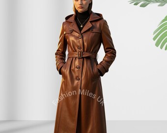 Handmade Brown Cow Leather Hooded Trench Coat: Gothic Steampunk Vampire Costume