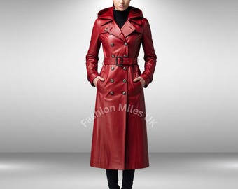 Handgefertigte Rote Rindsleder Kapuzen Trenchcoat für Frauen - Gothic Steampunk Vampir Lange Jacke -Weihnachtsgeschenk für Sie -Dunkles viktorianisches Kostüm