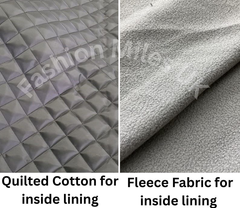 May include: A split view showing two fabric types. The left side features a dark gray quilted cotton fabric with a square grid pattern. The right side displays a light gray fleece fabric with a soft, textured surface. Text reads Quilted Cotton for inside lining and Fleece Fabric for inside lining.
