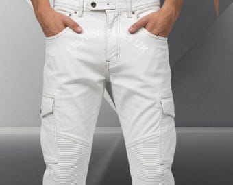 Men's Genuine White  Leather Cargo Pant, Customized Leather cargo pants custom fit leather trousers tailored leather pants, Gift for Him